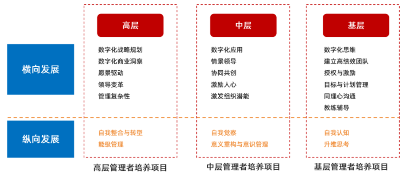 我們設計了“未來領導力”產品，針對高層、中層和基層，創新提出應對數字化挑戰的橫縱向結合的領導力發展方法